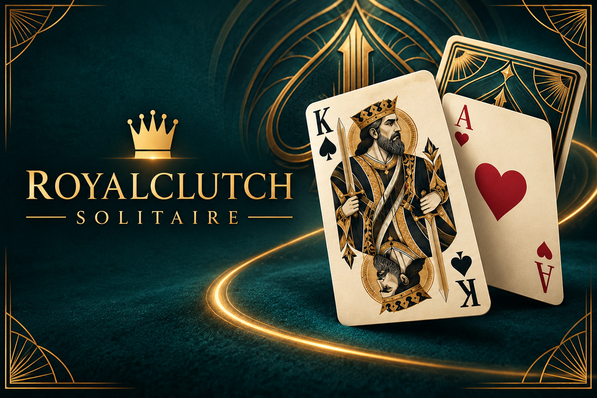 RoyalClutch Solitaire key art: gold title beside the King of spades, Ace of hearts and Art Deco card back